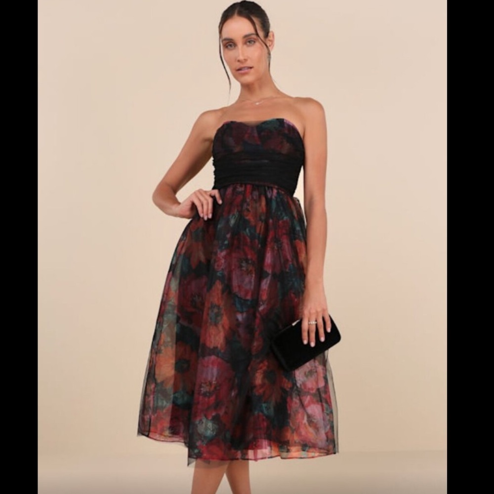 Lulus Black Floral Organza Mesh Strapless Midi Dress - Size XL